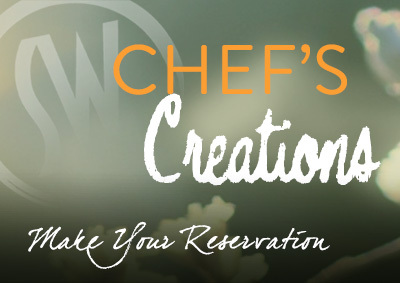 Chef's Creations - Make Your Reservation - Blue background with a Stonewood logo