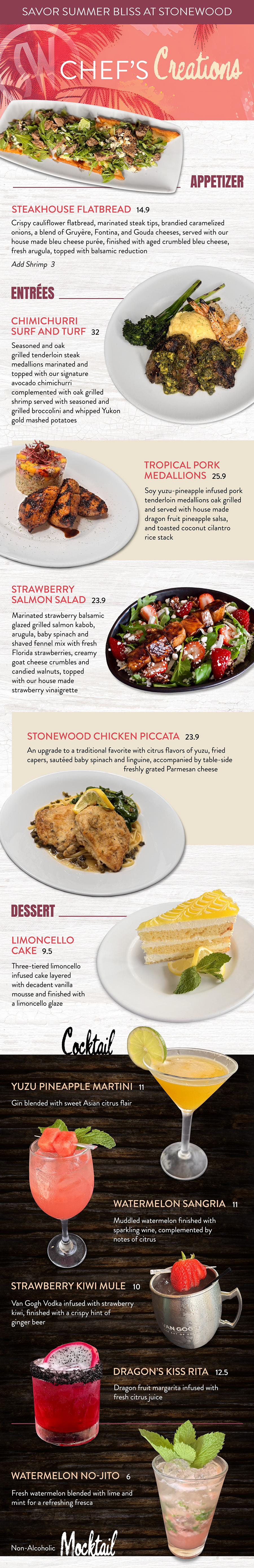 Savor Summer Bliss At Stonewood featured menu items - view the PDF instead for text version.