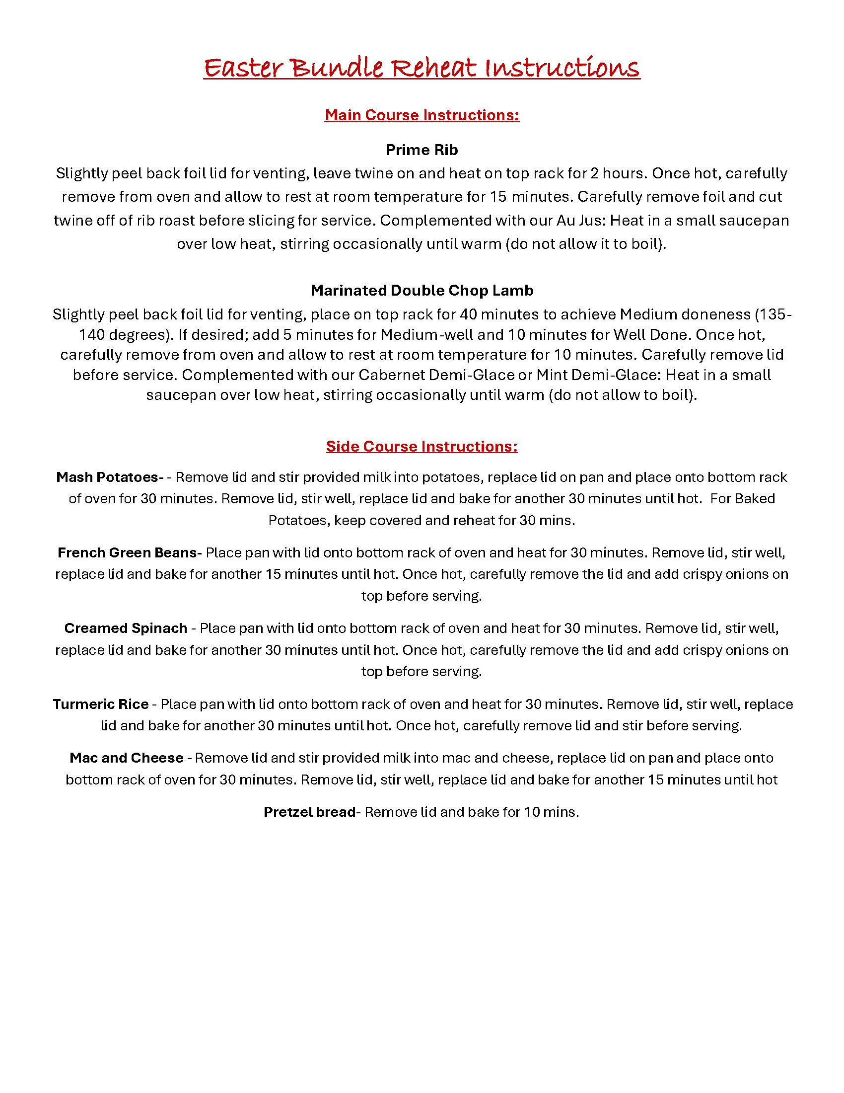 Easter Reheat Instructions